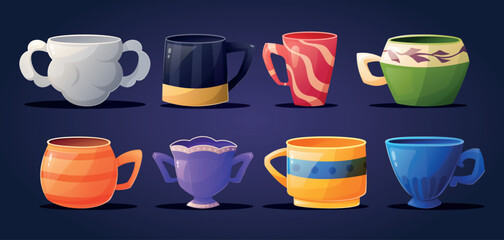 A collection of various colorful ceramic mugs and cups for tea or coffee. Set of vector isolated cartoon illustrations.