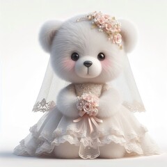 A kind fluffy teddy bear in the bride dress on a white background