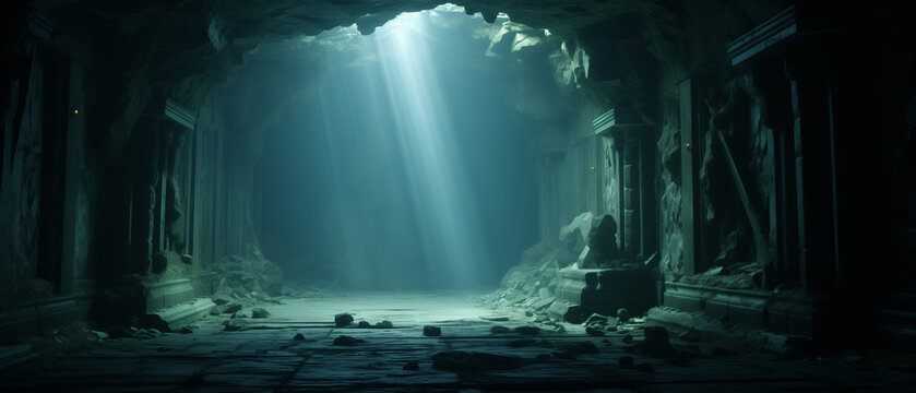movie scene of relictual architecture under deep sea