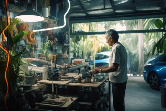 senior engineer working in garage