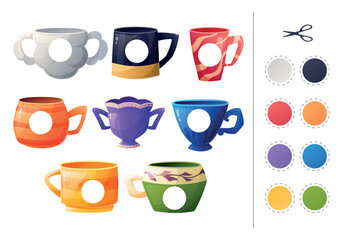 Educational children's patch game. Learning basic colors, cutting and gluing applique, activity page. Set of isolated cartoon cups and mugs.