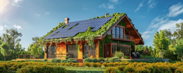 Fototapeta premium Eco-friendly house with solar panels and green roof.