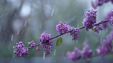 Purple flowered branch captured in the rain