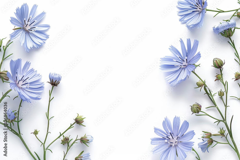 Poster chicory flowers with buds are lying on a white surface, creating a frame for text or design