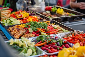 Fototapeta premium A Feast of Colors: A Vibrant Outdoor Spread of Grilled Chicken, Peppers, and Limes