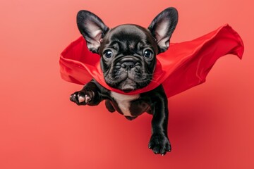 Superhero puppy  adorable dog in cape and mask soaring in pastel sky, embodying superpower canine