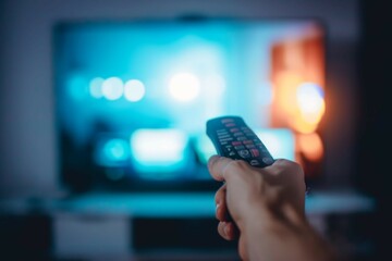 Hand with remote control in front of the tv