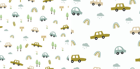 cute car traffic kids seamless pattern vector illustration, fabric textile, paper