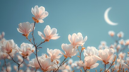 White magnolia flower under blue sky poster background 