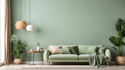 Obraz premium Minimalist living room with TV wall mounted space, mockup of tv in drawing room with muted green wall background