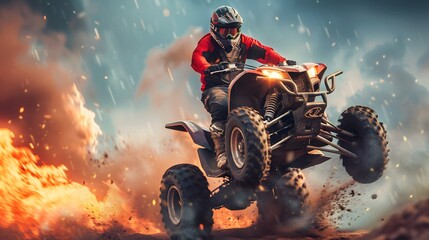 person drive atv vehicle on offroad track, extreme sport activities theme, with fire, created with...
