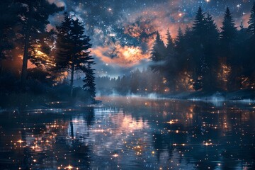 Fototapeta premium The night sky is reflected in the still waters of a mountain lake, surrounded by a dense forest.