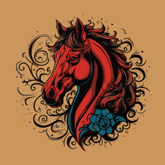 Obraz premium An illustration of a red horse head with a blue rose and ornate floral designs