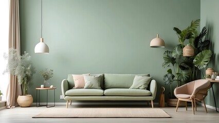 Minimalist living room with TV wall mounted space, mockup of tv in drawing room with muted green wall background