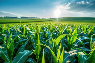 Fototapeta premium A vibrant cornfield under a bright, sunny sky. Green cornstalks stretch across the landscape, evoking the essence of agriculture and rural life.