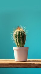 Potted cactus on wooden table with turquoise background