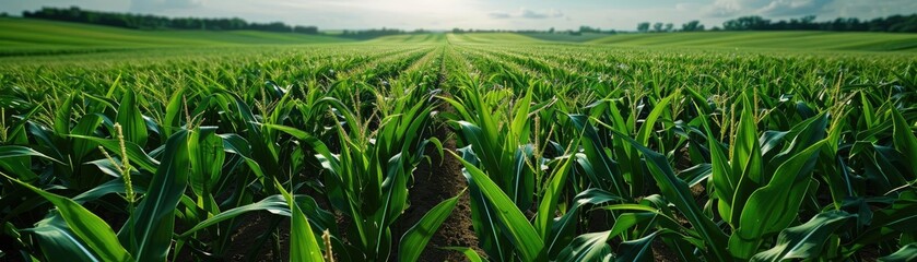 Obraz premium A lush green cornfield stretching to the horizon under a bright sky, showcasing the beauty of agricultural landscapes and crop fields.