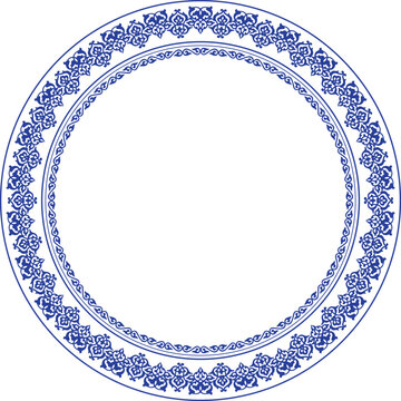Vector blue round Kazakh national ornament. Ethnic pattern of the peoples of the Great Steppe, Kazakh, Mongols, Kyrgyz, Kalmyks, Buryats. circle, frame border. For sandblaster