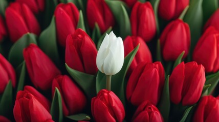 Single White Tulip Among Red Tulips in Bloom, Symbolizing Uniqueness and Contrast in a Vibrant Floral Display