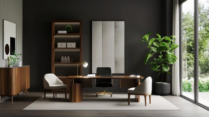 Modern Home Office with Elegant Wooden Furniture and Large Window Overlooking Greenery