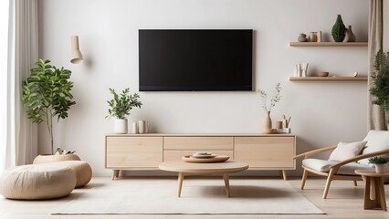 Fototapeta premium Modern minimalist living room with TV wall mounted, mockup of tv in drawing room with white wall background