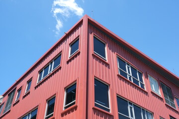 Rectangular windows on red corrugated facade against blue sky, facade corner