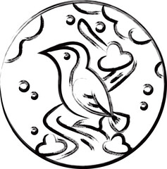 筆書き円形ミニ花札　鶯　如月　梅　2月　梅に鶯