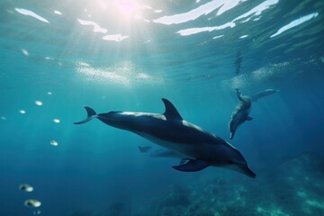 Fototapeta premium Dolphins swimming underwater with sunlight filtering through. Ocean wildlife photography with clear water. Marine exploration and wildlife