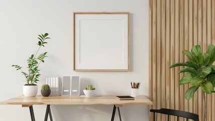 Modern Minimalist Home Office with Wooden Desk, Plants, and Blank Picture Frame on White Wall