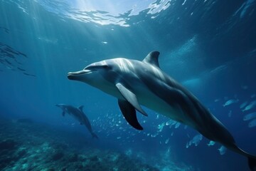 Naklejka premium Dolphins swimming underwater with sunlight filtering through. Ocean wildlife photography with clear water. Marine exploration and wildlife