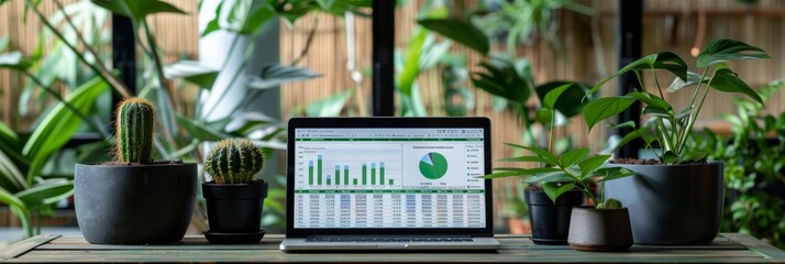 Sleek office desk with laptop displaying detailed email marketing pie chart for analysis