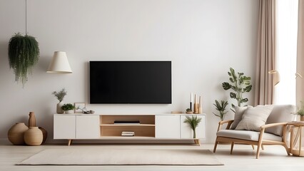 Modern minimalist living room with TV wall mounted, mockup of tv in drawing room with white wall background
