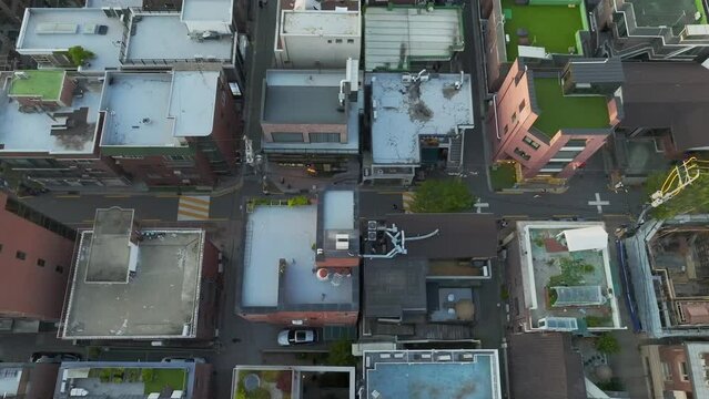 Drone View of Seoul city in South Korea, Hapjeong Station, Hot place, Summer, 60fps
