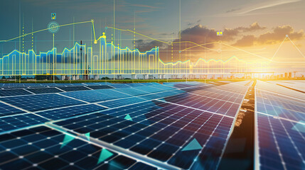 The digital computer display showed a grid of blue digital lines and green icons on it. In the background was an electric power station surrounded by solar panels