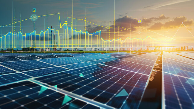 The digital computer display showed a grid of blue digital lines and green icons on it. In the background was an electric power station surrounded by solar panels