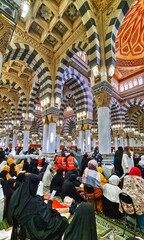 Medina, Saudi Arabia on March 2 2024. Conditions in the women's prayer area at the Nabawi Mosque,