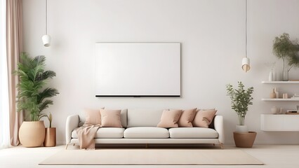 Modern minimalist living room with TV wall mounted, mockup of tv in drawing room with white wall background