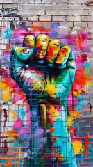 Fototapeta premium Colorful graffiti of a fist on a brick wall, symbolizing strength and unity. Urban street art concept
