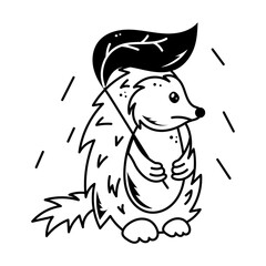 Cute porcupine hiding under leaf umbrella, doodle icon 