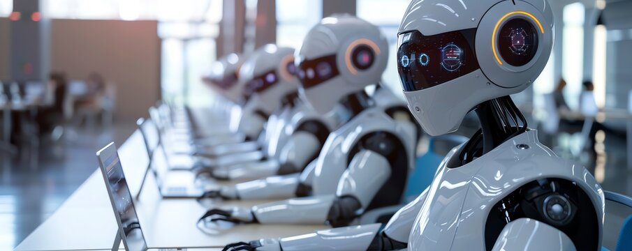 Robots working on computers in a modern office setting, demonstrating advanced artificial intelligence and future technology.