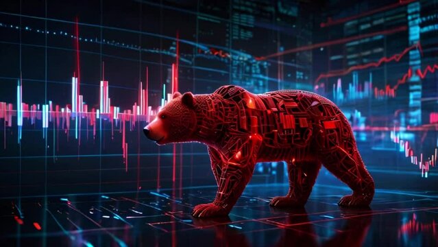 A red and black illustration of a bear with a circuit board pattern stands in front of a red and black background with a glowing blue grid.