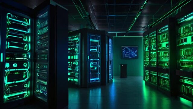 A dark room filled with rows of tall, glowing green computer servers.