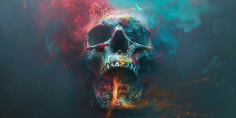 Colorful Skull Art with Fiery and Smoky Atmosphere