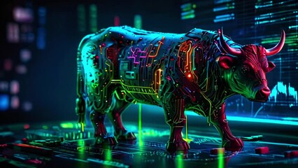 This is an video of a bull made out of electronic parts and lit up with bright neon colors. - Powered by Adobe