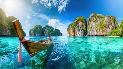 Panorama of Long boat and blue water at Maya bay in Phi Phi Island, Krabi Thailand