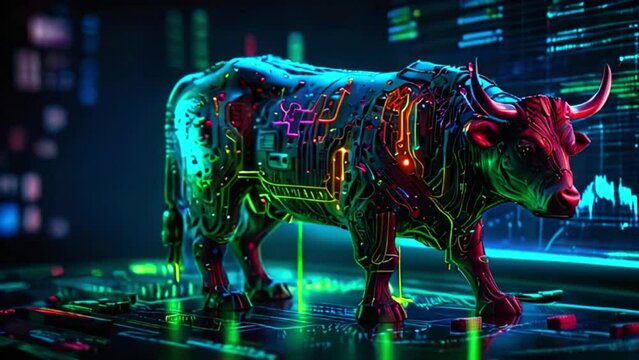 This is an video of a bull made out of electronic parts and lit up with bright neon colors.