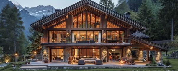 Obraz premium Chalet-style house with wooden beams and large windows.