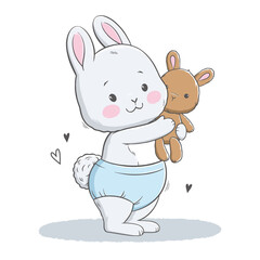 Vector illustration of cute white gray bunny, rabbit, hare. Cute animal portrait with a toy in pastel colors. Stickers, wall art, baby shower, kids room decoration, easter decoration, print, poster.