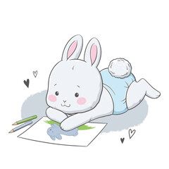 Vector illustration of cute white gray drawing bunny, rabbit, hare. Cute animal portrait in pastel colors. Stickers, wall art, baby shower, kids room decoration, easter decoration, print, design.