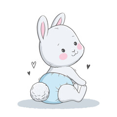Vector illustration of cute white gray bunny, rabbit, hare. Cute sitting animal portrait with a toy in pastel colors. Stickers, wall art, baby shower, kids room decoration, easter decoration, print.